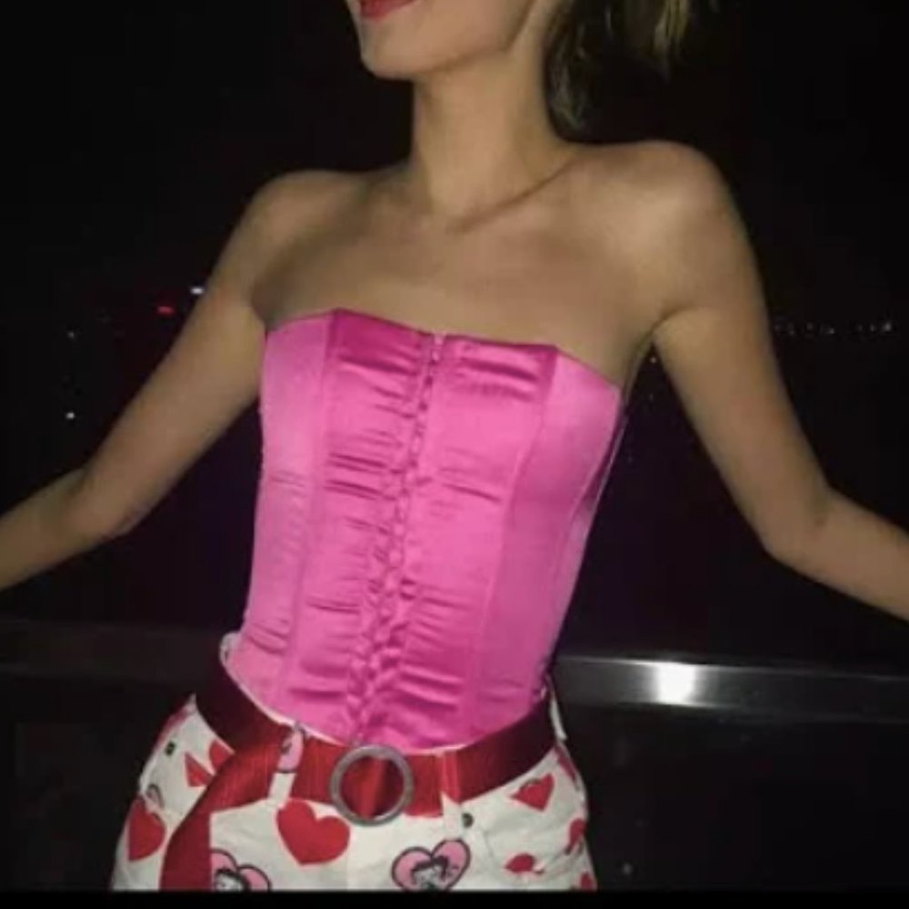 Lauren U Pink Rose Floral Hook & Eye Bustier Top - Picture 2 of 3